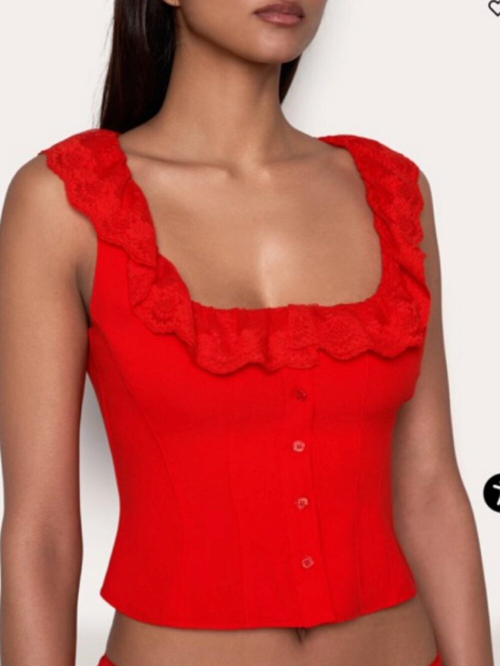 Danielle Guizio Paloma Lace Top XS Corset Tank Button Flutter Scoop Red Poppy - Picture 4 of 4